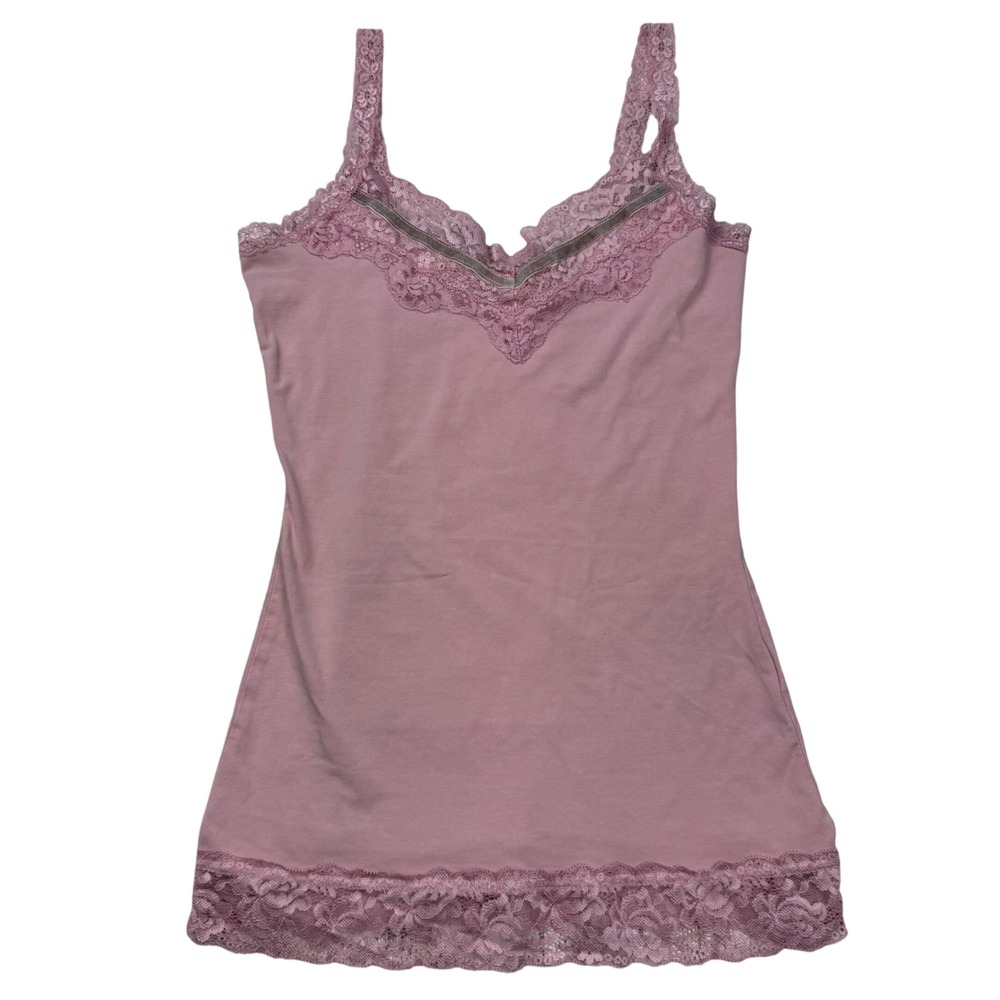 VTG Y2K Vanity Cami Top Small Dusty Rose Pink Lace Trim Velvet Detail Coquette
